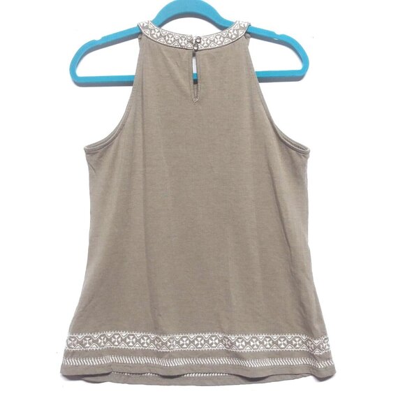 Adrianna Papell Sleeveless Top Taupe Tan Size M Halter Embroidered Hem stretch - Picture 2 of 9